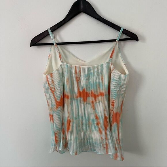 She + Sky Blue Orange Watercolor Pleated Spagetti Strap Tank Top Blouse - Picture 4 of 9